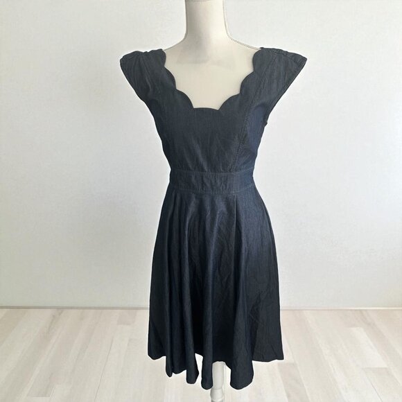 eSHAKTI Denim Scalloped A Line Dress Size Small - Picture 1 of 9